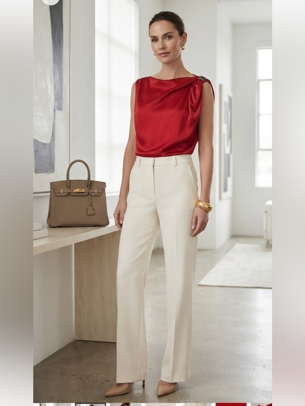 carolina herrera red embellish draped silk top